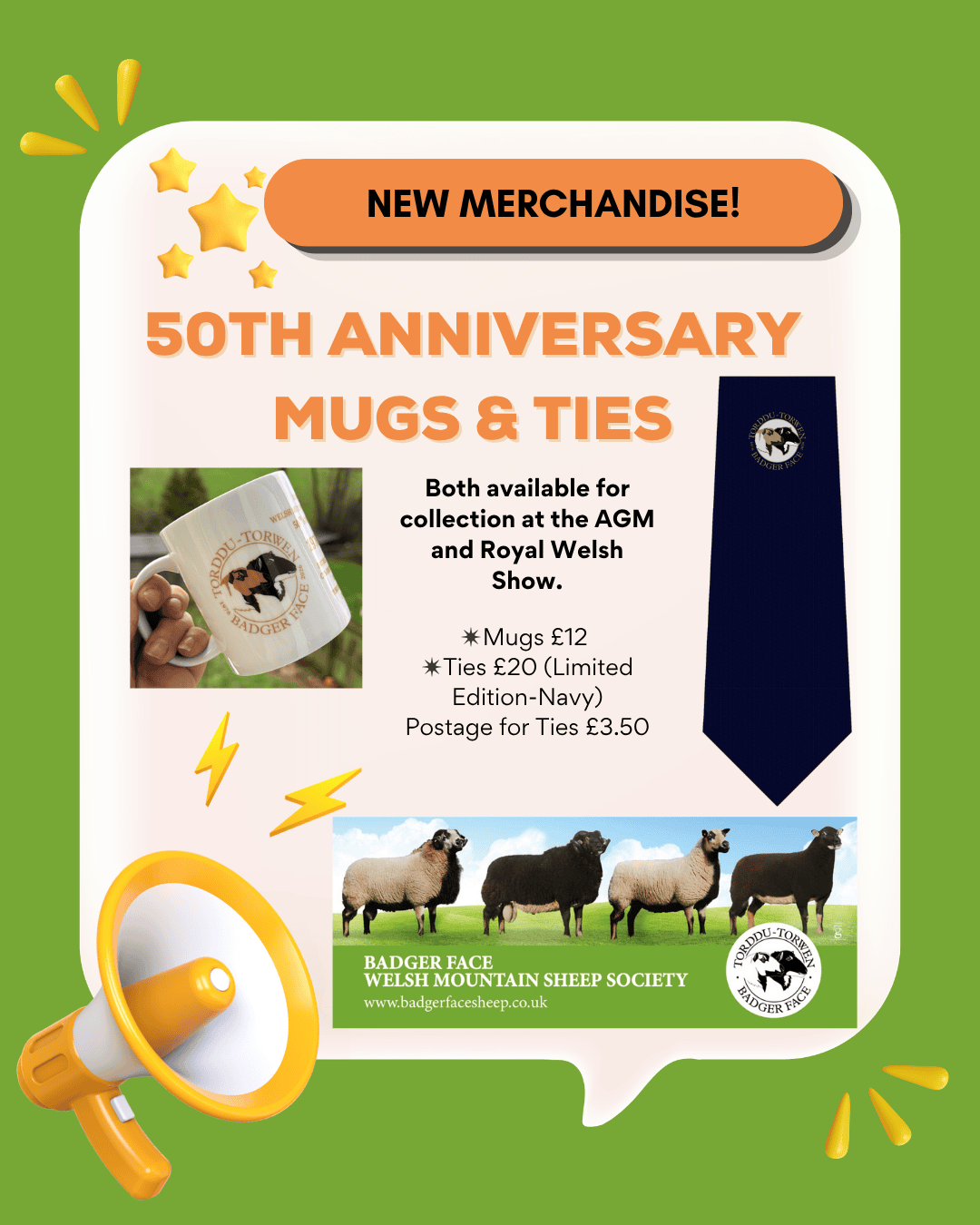 50th Anniversary Ties & Mugs Badger face Welsh Mountain Sheep